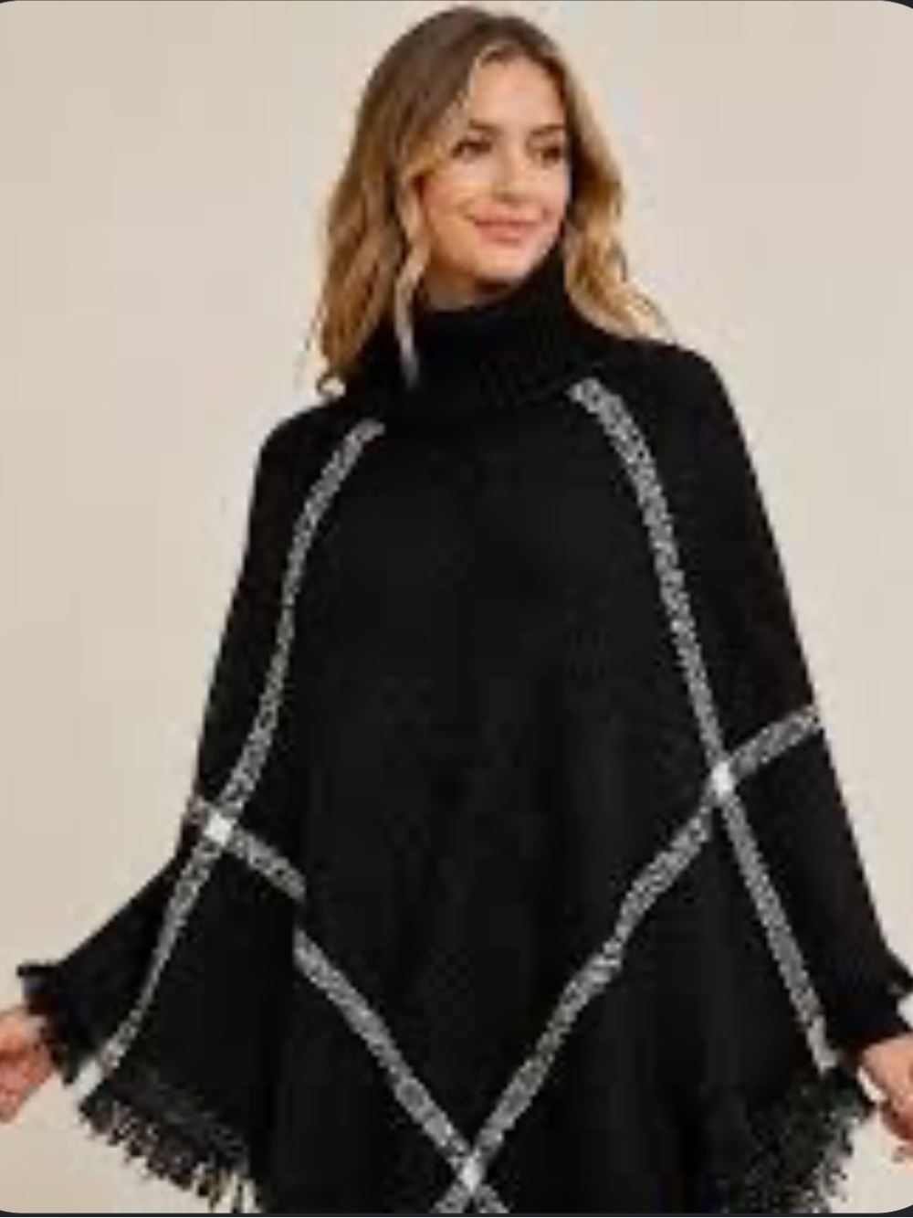 CHICO’s Black Cowlneck or Turtleneck Fringe Plaid Shrug Poncho Women’s Sz L / XL